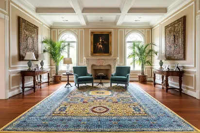 Elegant Large Persian Style Area Rug with Blue and Gold Patterns