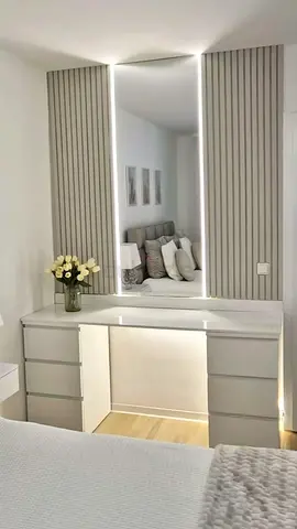 Built-in Bedroom Vanity with LED Backlit Mirror and Drawers
