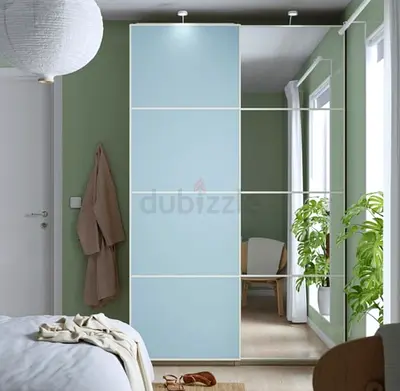 Light Blue Sliding Door Wardrobe with Mirror - Modern Bedroom Storage