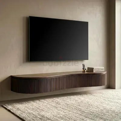 Modern Custom TV Unit with Wooden Finish, Floating Cabinet and LED Backlit Wall Panel