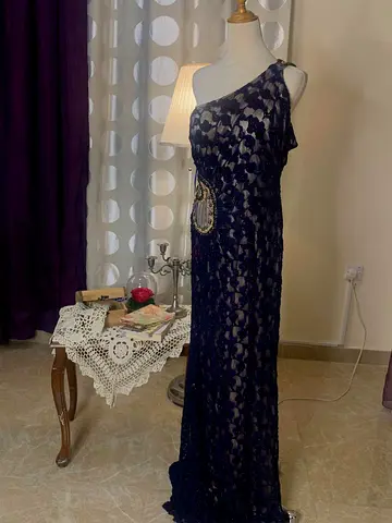 Navy One-Shoulder Lace Evening Gown - party dress