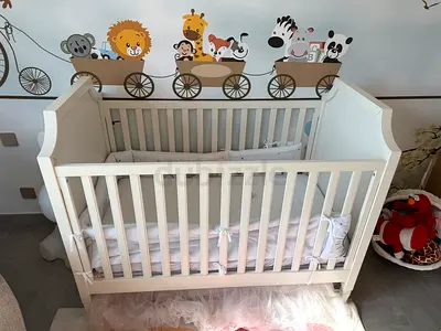 White Wooden Baby Crib with Mattress and Crib Skirt - William Sonoma and Pottery Barn Kids