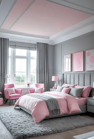 Pink & Grey Upholstered Double Bed