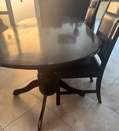 Solid Wood Dining Table, 6 seater upholstered chairs.