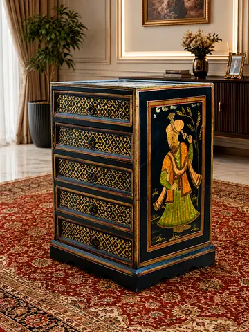 hand-painted wooden chest of drawers featuring traditional Indian or Mughal-style artwork and gold