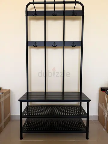 Black metal hall tree with bench and coat hooks - excellent condition