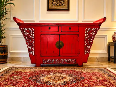 Early 20th Century Chinese Red Lacquered Altar Cabinet, Buffet Table, Sideboard With 2 Drawers
