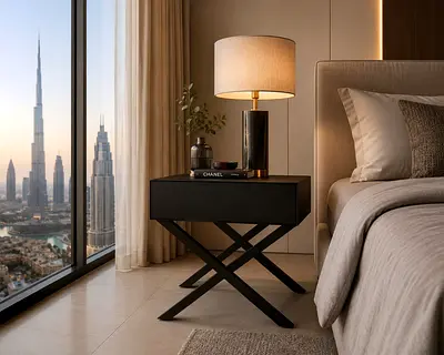 Modern black wooden nightstand with X-leg design