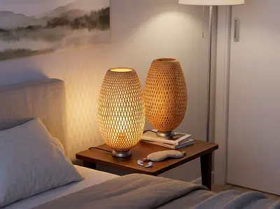 Pair of Woven Rattan Table Lamps — Warm Ambient Bedside Lighting
