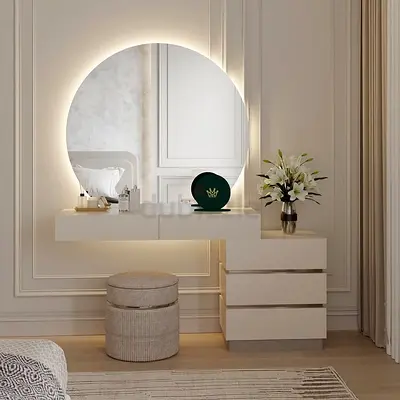 Modern Floating Dressing Table with LED Round Mirror