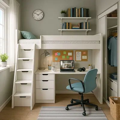 White loft bed with built-in desk and storage - ideal for kids/teen room
