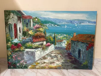 Seascape Oil Painting Canvas Coastal Village Pathway Hand painted oil painting 90cm x 60 cm