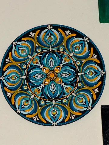 Hand-painted Decorative Wooden Mandala Plate - Blue & Gold