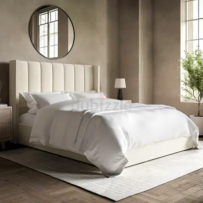 Queen upholstered bed with tall channel-tufted headboard - cream
