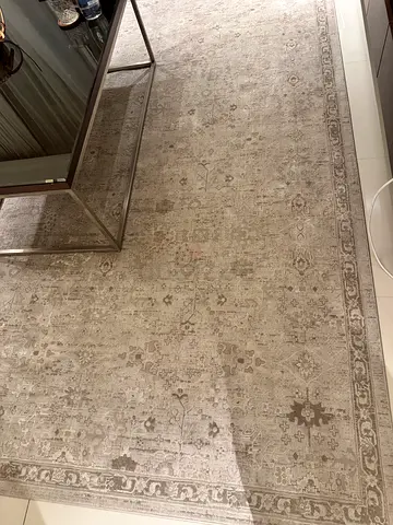 Large vintage-style neutral area carpet in perfect condition.
