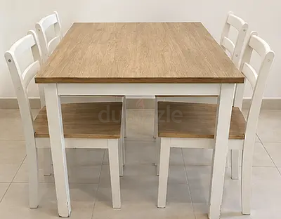 Wooden Dining Table with 4 Chairs - Light Oak Top, White Base
