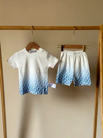 Kids matching Dior-style white & blue gradient T-shirt and shorts set