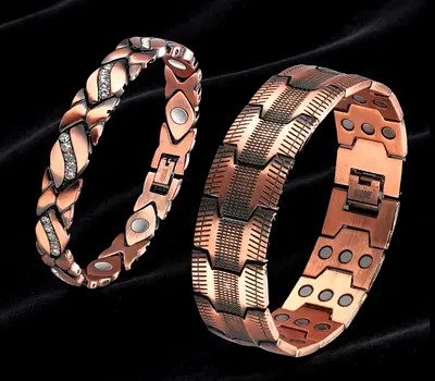 Pair of Copper Tone Magnetic Therapy Bracelets — Men’s and Women’s Styles for strength stamina and