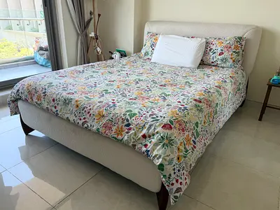 Double Bed with Low Profile Wooden Legs - Beige MATTRESS NOT INCLUDED