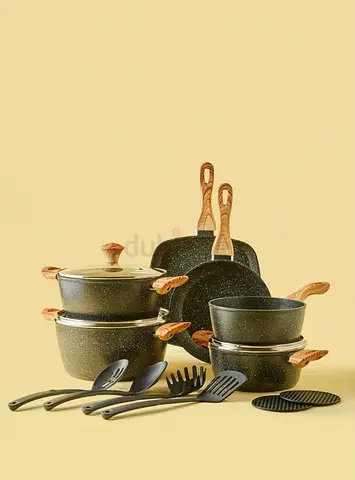 12-piece Non-stick Granite Cookware Set with Wood-effect Handles