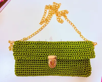 Handmade Olive Green Crochet Clutch with Gold Chain