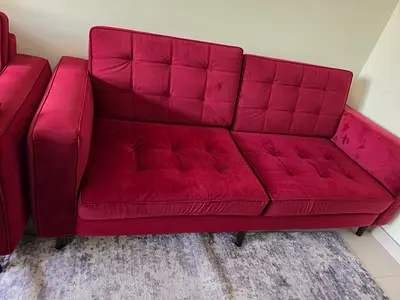 Two-seater and 3 seater velvet sofa in deep red, good condition