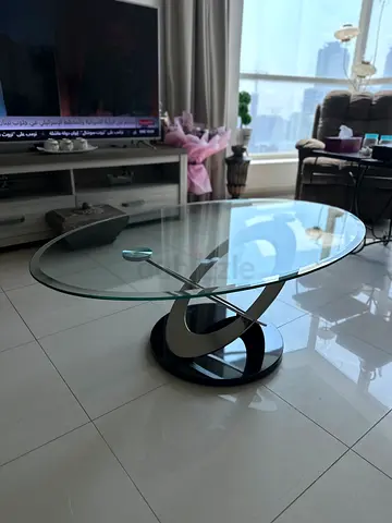 Modern Glass Oval Coffee Table with Curved Metal Base