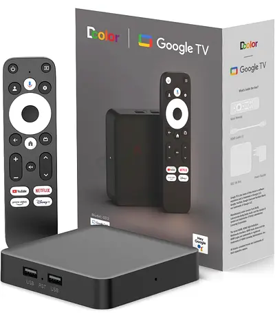 DCOLOR Android TV Box, certified by Netflix and Google.