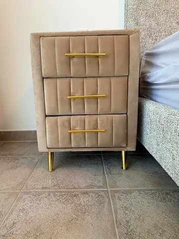 Beige Velvet 3-Drawer Nightstand with Gold Handles and Legs