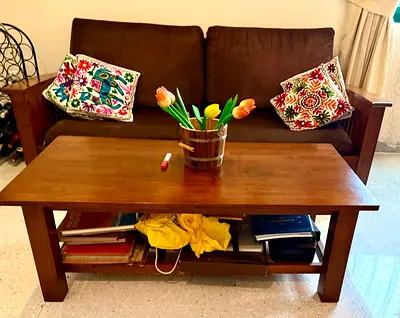 2 seater Wooden Sofa & 1 center coffee table. Also available for sale as separate components