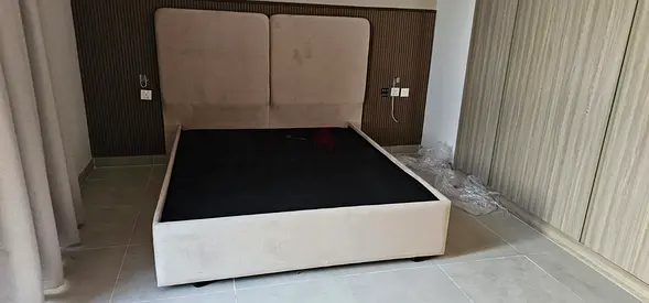 Beige Upholstered Double Bed Frame with Headboard - Good Condition