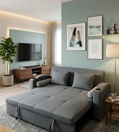 Grey Fabric Sofa Bed with Chaise - Convertible 3-Seater