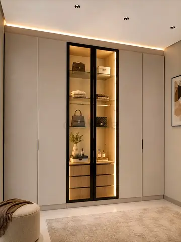 Built-in Wardrobe with Glass Display and LED Lighting - Modern Finish