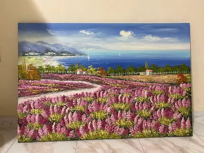 Landscape painting of coastal lavender fields on canvas hand painted 90cm x 60cm