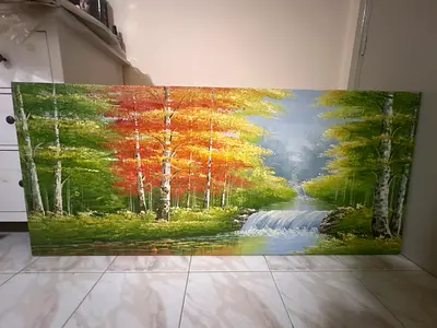 Large Landscape Oil Painting of Birch Forest and Waterfall  Canvaz- Ready to Hang hand painted