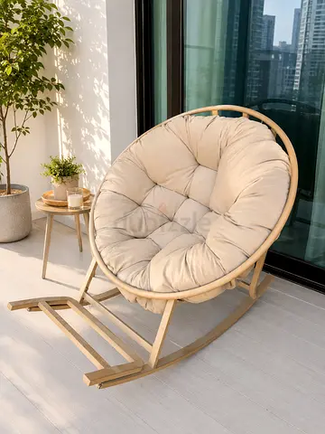 Beige Round Papasan Rocking Chair with Cushioned Seat