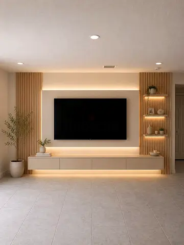 Modern beige entertainment wall unit with LED lighting