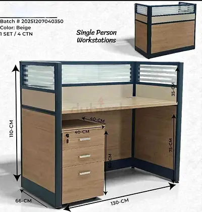Single Person Office Workstation Cubicle with 3-Drawer Pedestal – Beige/Wood Finish