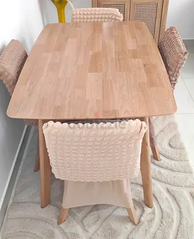 Solid Oak Dining Table with 4 Upholstered Chairs - Light Wood