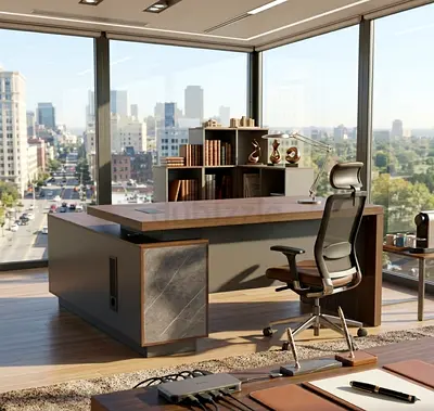 Modern Executive L-Shaped Office Desk and Ergonomic Chair