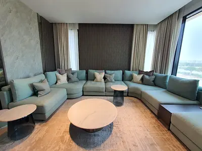 Large Modern Curved Sectional Sofa in Light Teal - Excellent Condition