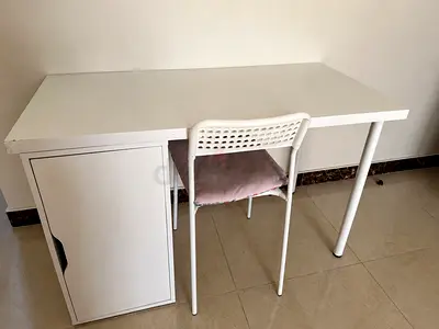 IKEA Simple white study desk with storage cabinet and chair