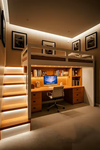 Loft Bed with Built-in Desk, Shelves and Staircase Lighting