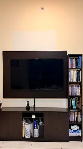 Dark Wood TV Entertainment Unit with Built-in Shelves and Storage