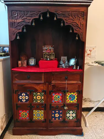 Hand-carved Wooden Decorative Cabinet with Colorful Painted Panels