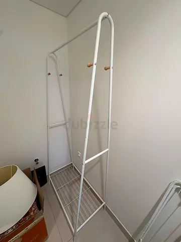 White Metal Clothes Rack with Shoe Shelf and Wooden Hooks