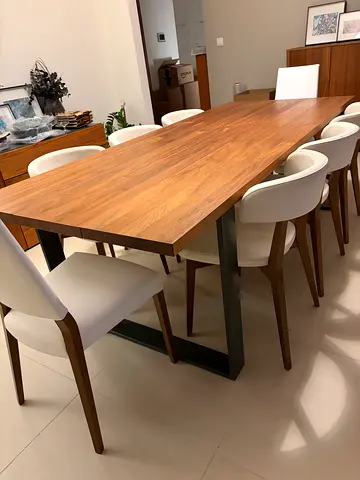 Hülsta Solid Wood Dining Table in Walnut Finish with 8 White Upholstered Chairs - Modern Set