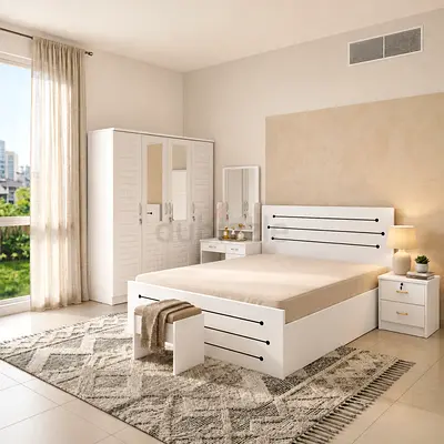 White bedroom set with 4door wardrobe with Dresser with nihgt stand