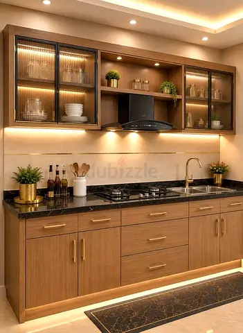 Modern wooden kitchen cabinet set with glass wall cabinets and countertop
