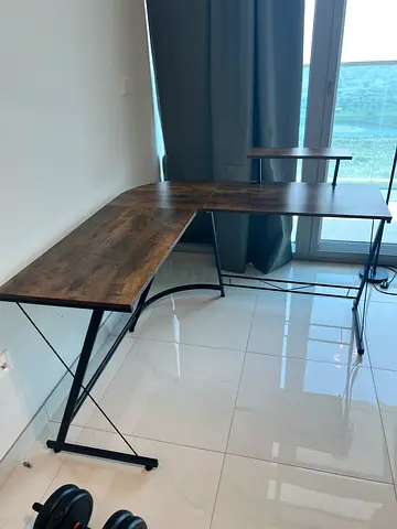L-shaped wooden study/computer desk with metal frame - good condition